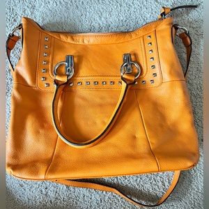 B Makowsky shoulder bag/purse Orange w silver 12x12
